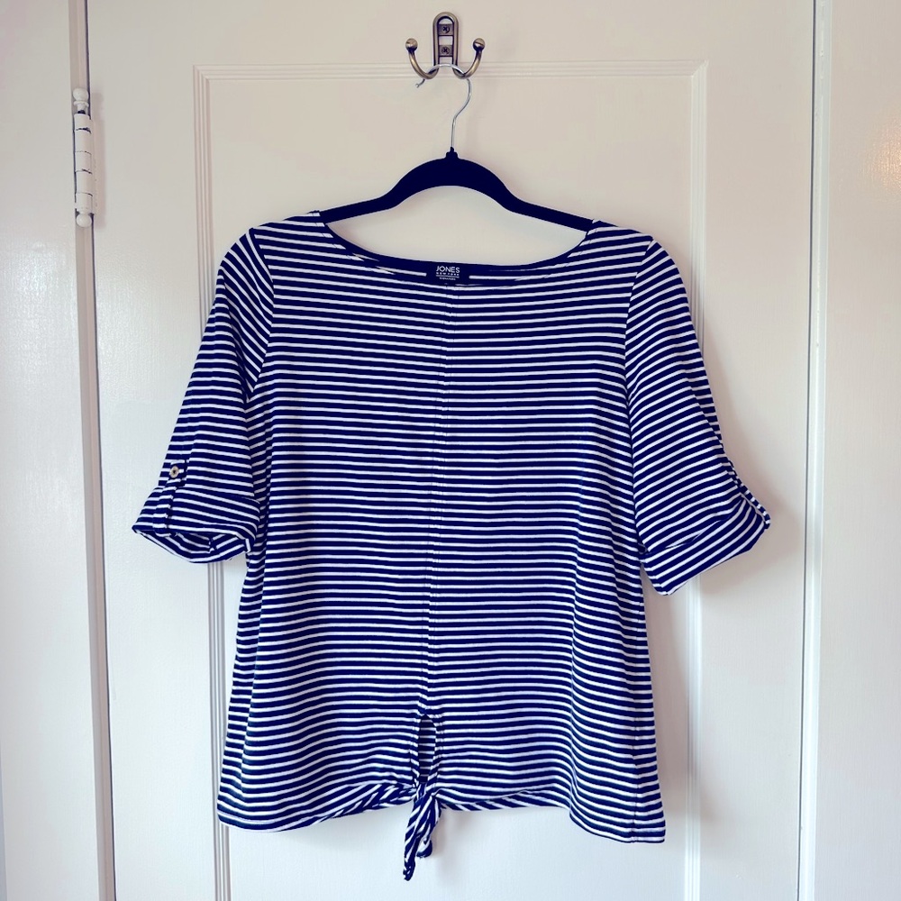 Jones New York Boat Neck Half Sleeve Tee, Navy & White Stripes, Size L